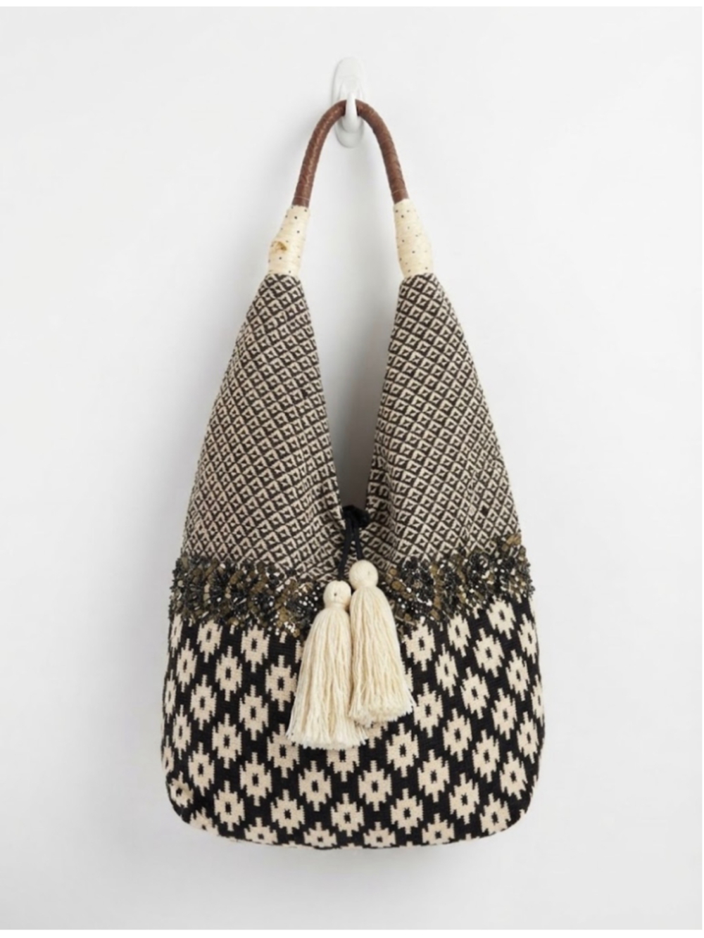 Anthropologie Jasper & Jeera Hobo Bag Black and Cream Sequined Tassels